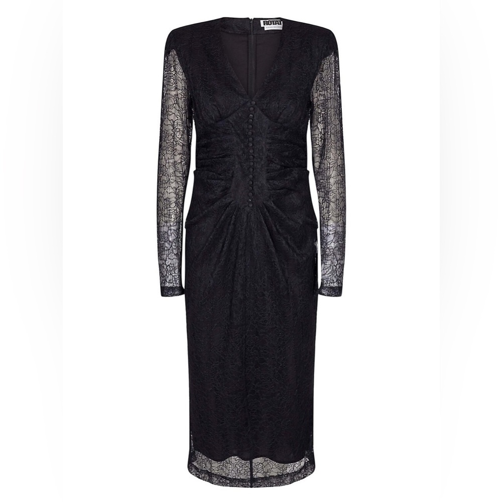 Rotate Birger Christensen Heather Long-Sleeve Lace Ruched Midi Dress